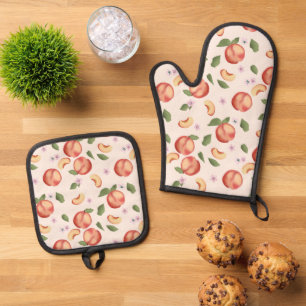 Botanical Watercolor Peaches & Blossoms Oven Mitt & Pot Holder Set