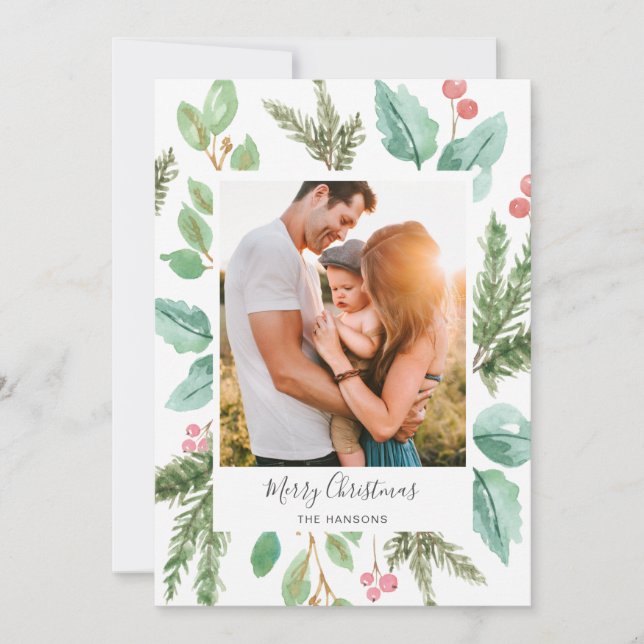 Botanical Watercolor Photo Elegant Christmas Holiday Card (Front)