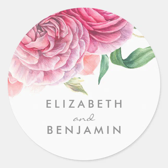 Botanical Watercolor Pink Floral Wedding Classic Round Sticker | Zazzle