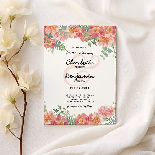 Botanical watercolor pink green floral Wedding Invitation