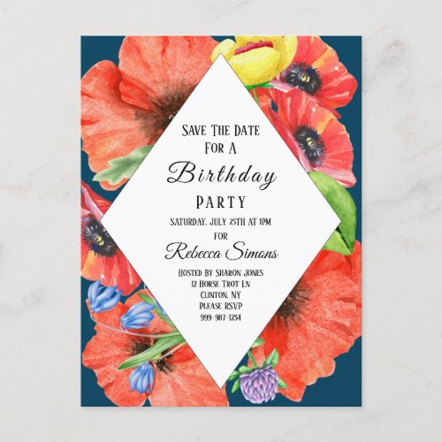 Botanical Watercolor Poppies Meadow Birthday Invitation Postcard
