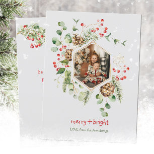 Botanical Watercolor Red Berries Merry Bright Holiday Card