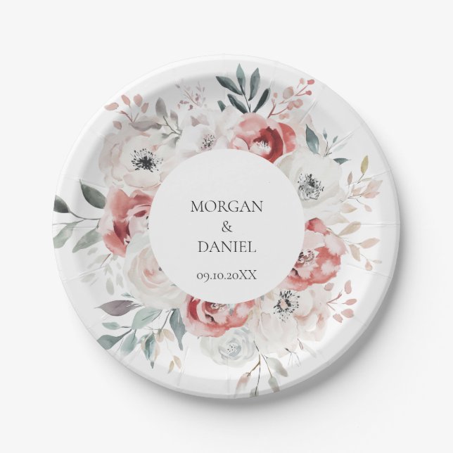 Botanical Watercolor Rose Garden Wedding  Paper Plates (Front)