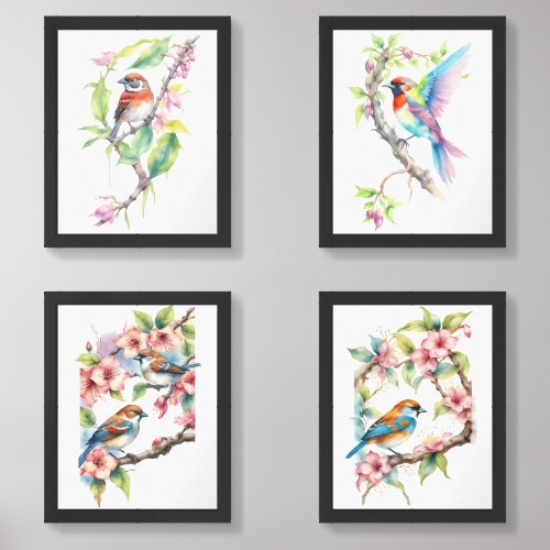 Botanical Watercolor Sparrow on Branch Wall Art Sets