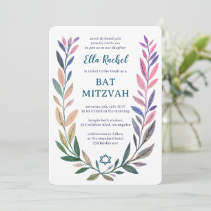 Botanical Watercolor Star of David Bar Bat Mitzvah Invitation
