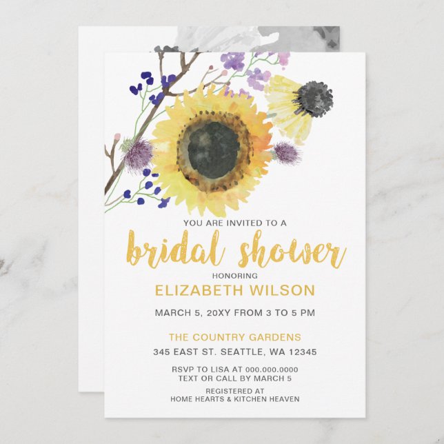 Botanical Watercolor Sunflowers Bridal Shower Invitation (Front/Back)