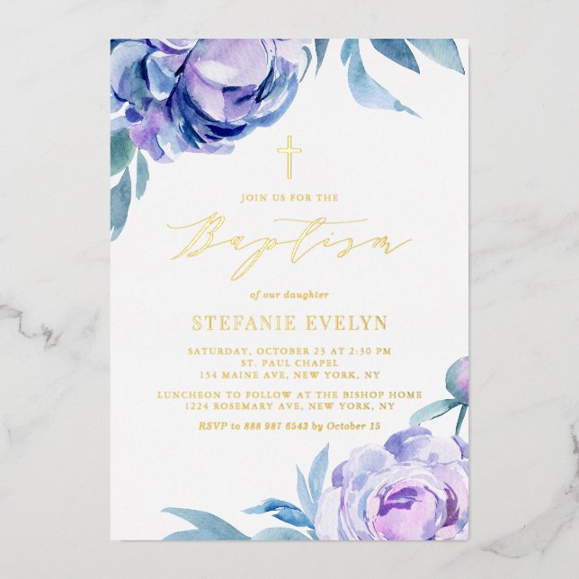 Botanical Watercolor Violet Peony Flowers Baptism Foil Invitation (Front)