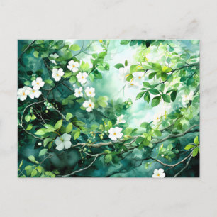 Botanical Watercolor White Blossoms Green Leaves Announcement Postcard