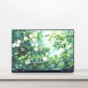 Botanical Watercolor White Blossoms Green Leaves HP Laptop Skin