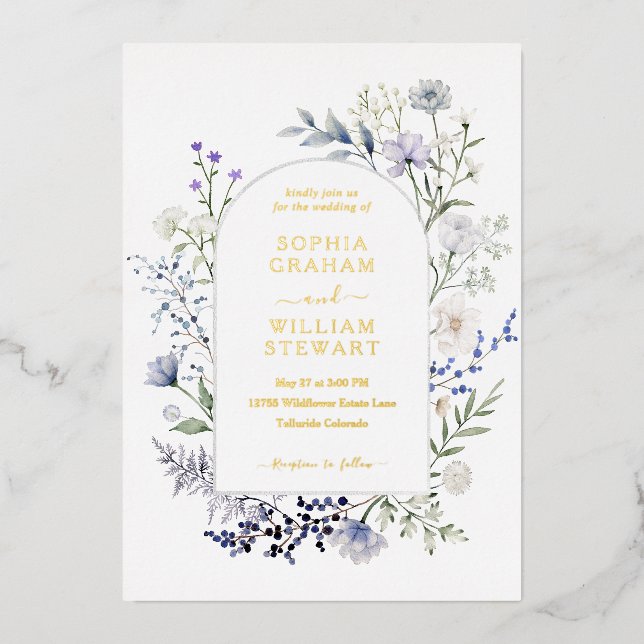 Botanical Watercolor Wildflower Elegant Wedding Foil Invitation (Front)