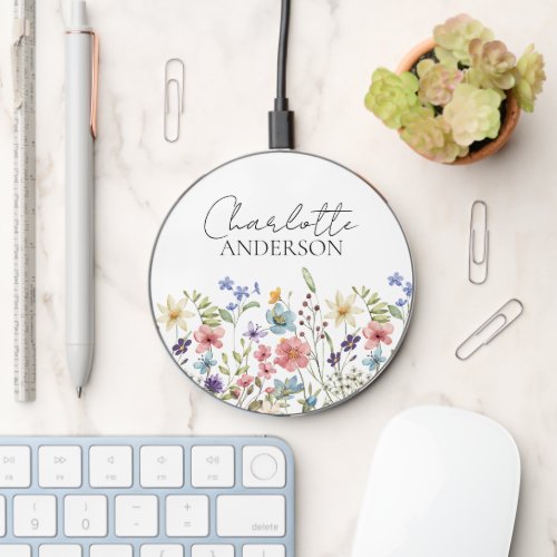  Botanical Watercolor Wildflower Monogram Name Wireless Charger