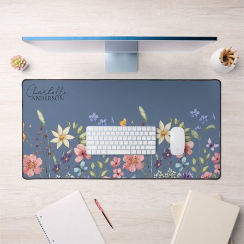 Botanical Watercolor Wildflower  Silver Blue Desk Mat