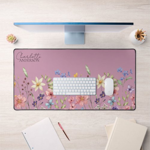 Botanical Watercolor Wildflowers  Dusty Pink Desk Mat