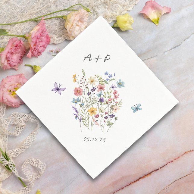Botanical Watercolor Wildflowers Monogram Wedding Napkins (Creator Uploaded)