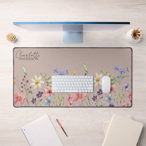 Botanical Watercolor Wildflowers  Neutral Beige Desk Mat