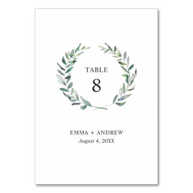 Botanical Watercolor Wreath Foliage Table Number (Front)