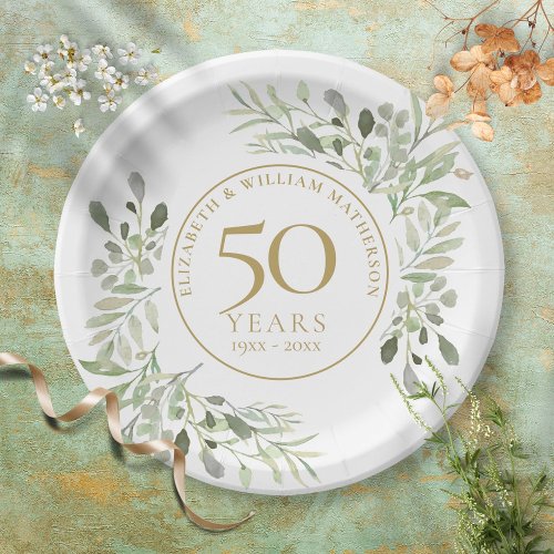 Botanical Watercolour Greenery 50th Anniversary Paper Plates