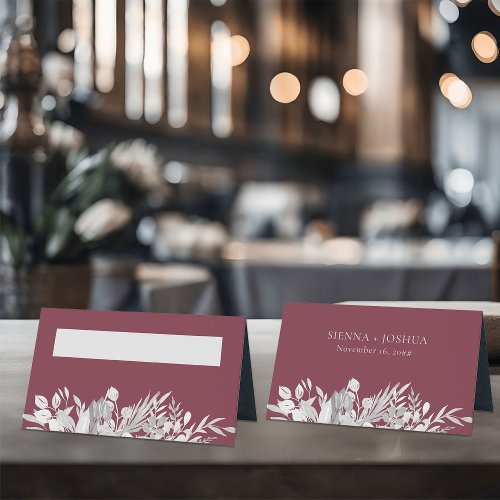 Botanical Wedding Burgundy Grey Personalized Place Card
