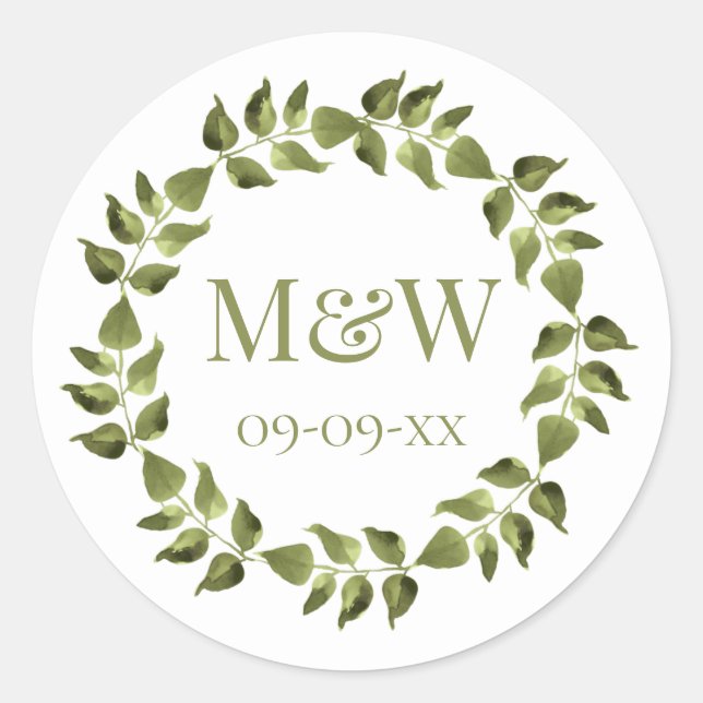 Botanical Wedding Garden Monogram Date Classic Round Sticker (Front)