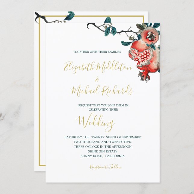 Botanical Wedding Gold Elegant Modern Pomegranate Invitation (Front/Back)