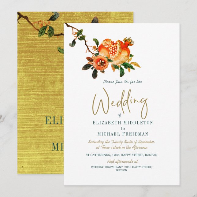 Botanical Wedding Gold Elegant Modern Pomegranate Invitation (Front/Back)
