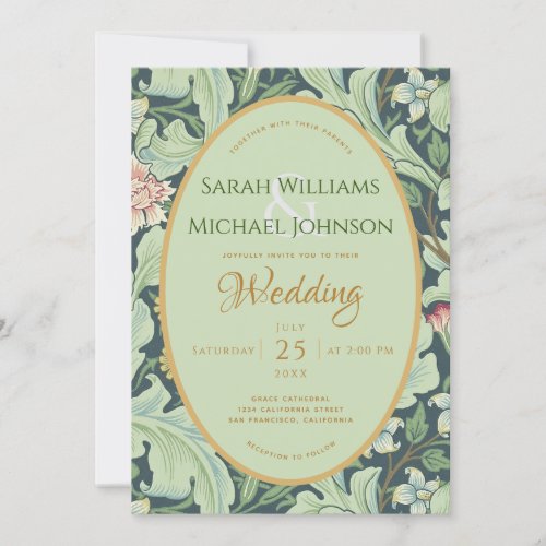 Botanical Wedding Green Leaves Gold Mint Vintage Invitation