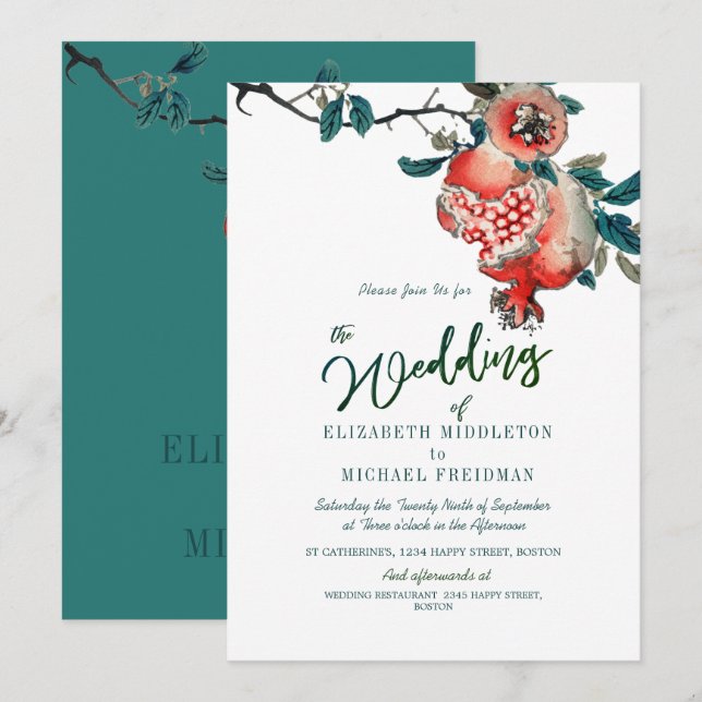 Botanical Wedding Green Leaves Modern Pomegranate Invitation (Front/Back)