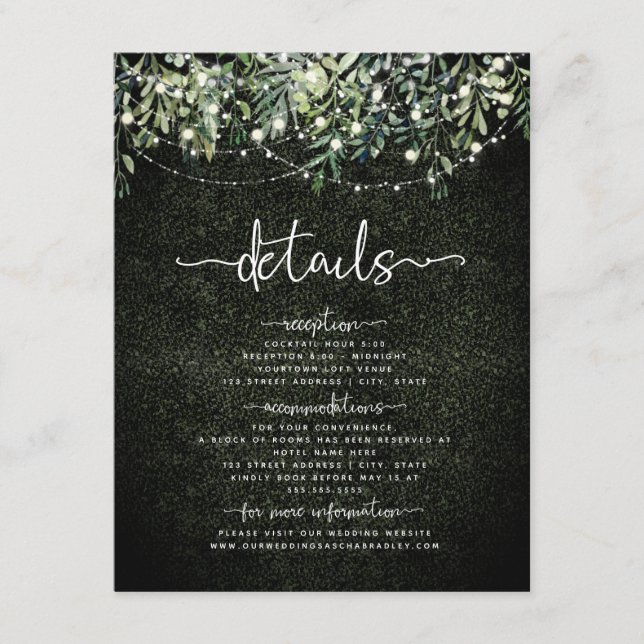 Botanical Wedding Greenery String Lights Details Enclosure Card (Front)