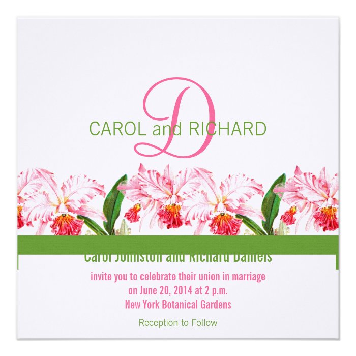 Botanical Wedding Invitation Monogram Pink Orchids