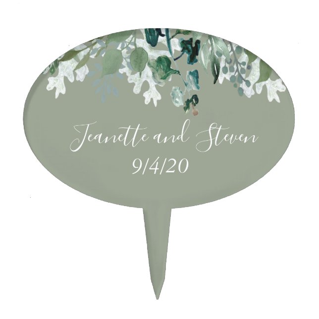 Botanical Wedding Leaves Modern Greenery Cake Topper (Front)