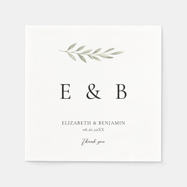 Botanical Wedding Monogram Personalized Greenery Napkins (Front)