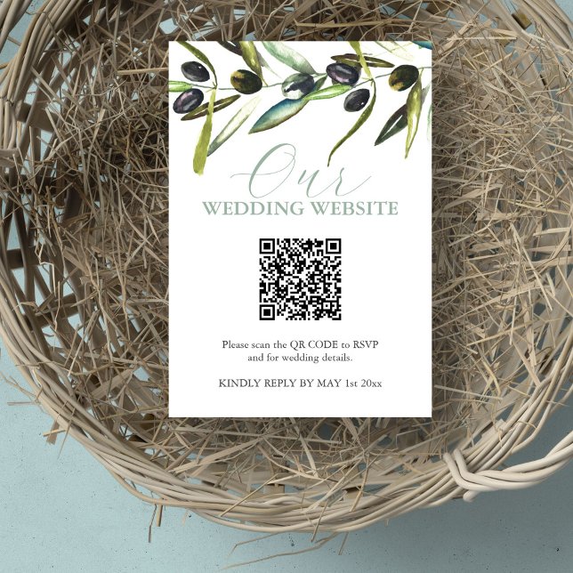 Botanical Wedding Website RSVP Card with QR Code (Wedding website rsvp card QR code watercolor olive branch by Victoria Grigaliunas of Do Tell A Belle)