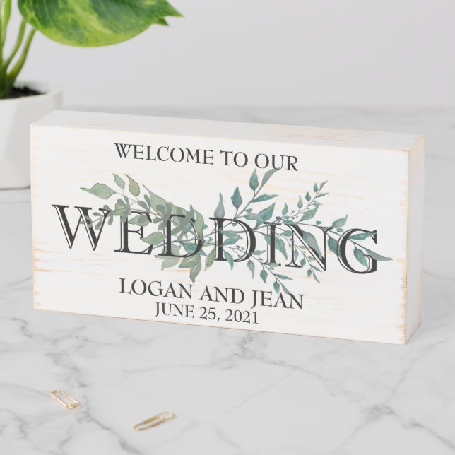 Botanical Welcome to our Wedding Leaves Wooden Box Sign (In Situ Horizontal)