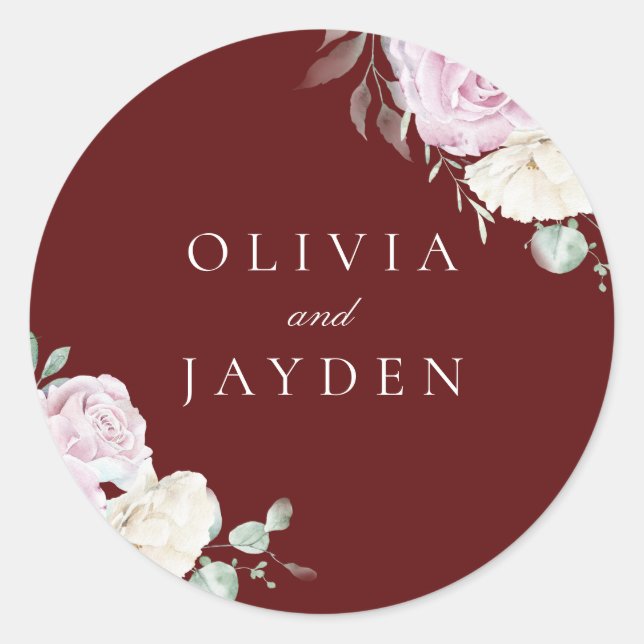 Botanical White & Blush Floral Burgundy Wedding Classic Round Sticker (Front)