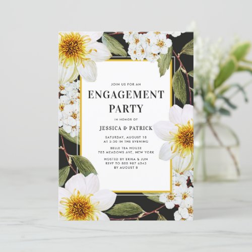 Botanical White Dahlias  Spireas Engagement Party Invitation