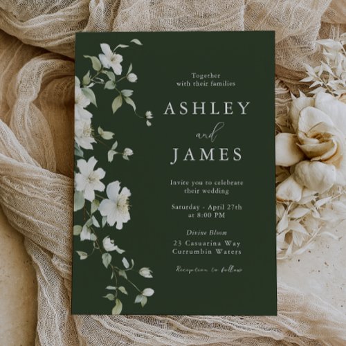Botanical White Floral Emerald Green Wedding Invitation