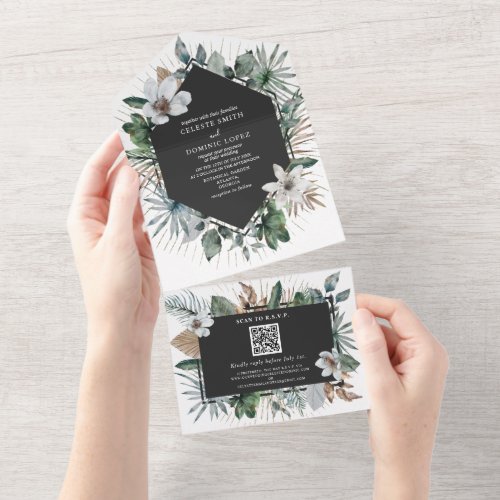 Botanical White Floral Geometric Wedding and RSVP All In One Invitation