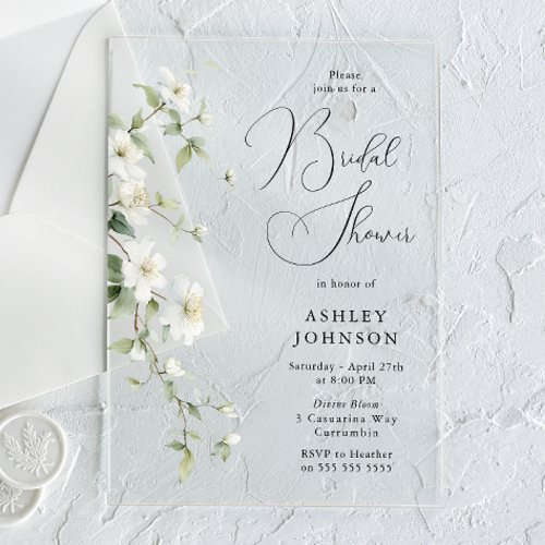 Botanical White Floral Gorgeous Bridal Shower Acrylic Invitations