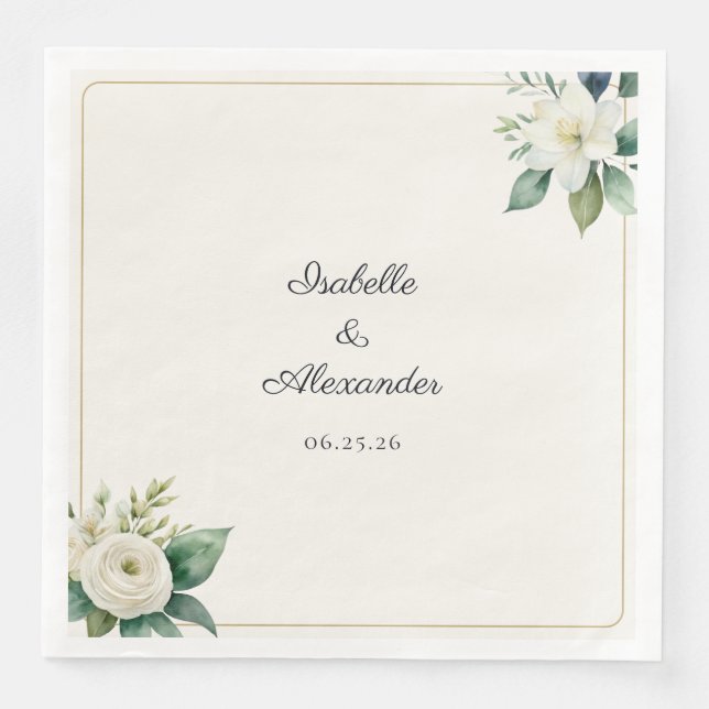 Botanical White Floral Green Leaves Personalized Paper Dinner Napkins (Front)