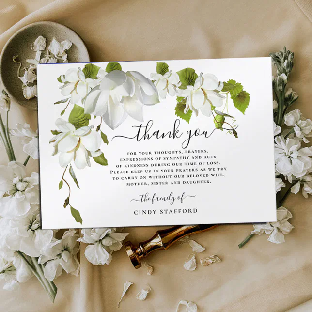 Botanical White Flowers Funeral Thank You Card | Zazzle