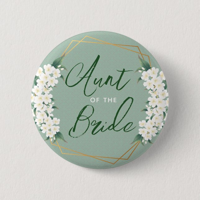Botanical White Flowers on Green Aunt of Bride Button (Front)