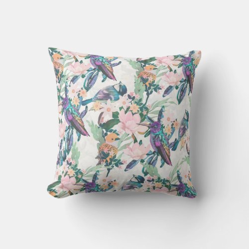 Botanical White Garden Flowers and Birds Throw Pillow