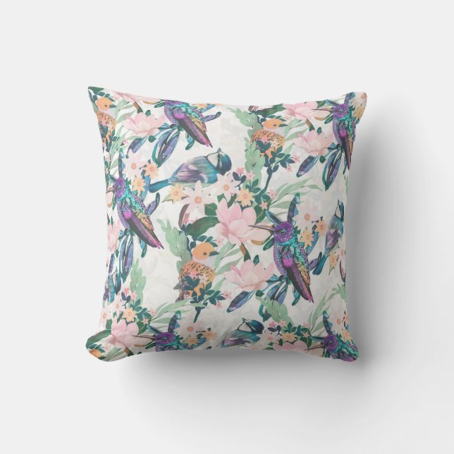 Botanical White Garden Flowers and Birds Throw Pillow (Front)