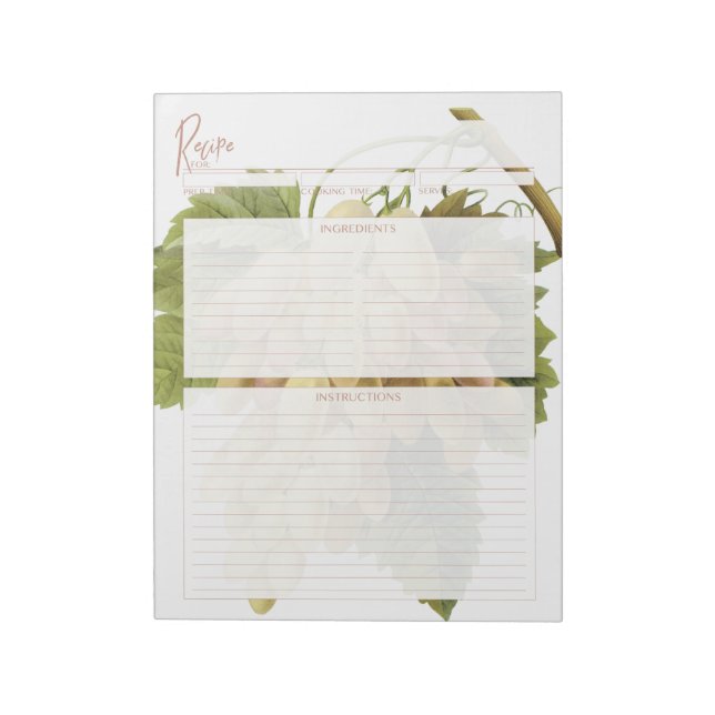 Botanical White Grapes Recipe Pages Notepad (Rotated)