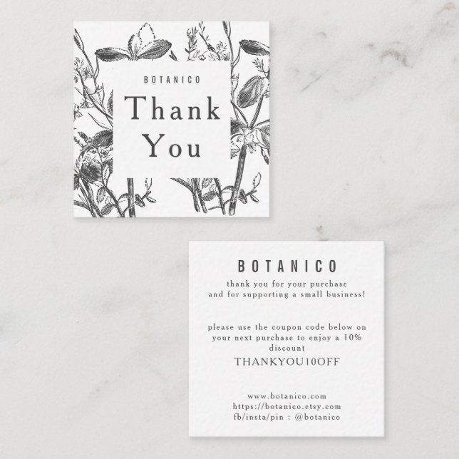 Botanical White Gray Floral Modern Thank You Square Business Card (Front/Back)