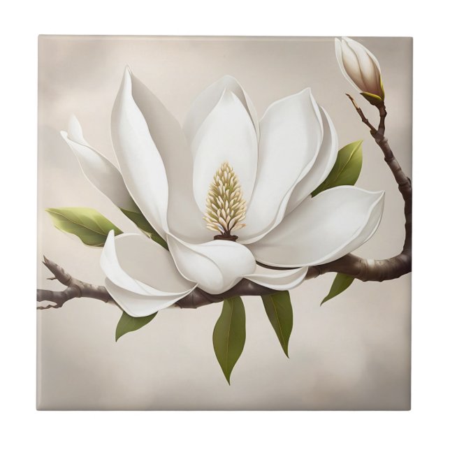 Botanical White Magnolia Ceramic Tile (Front)