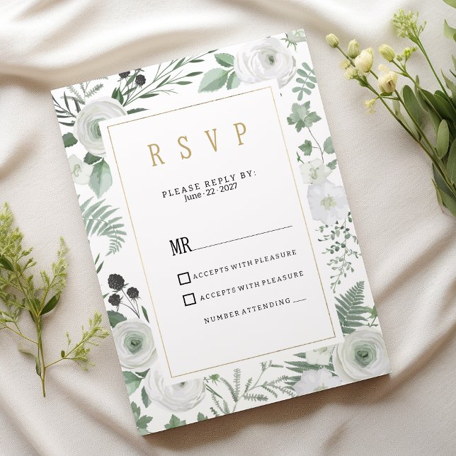 Botanical white mint berries floral RSVP Invitation (Botanical white mint berries floral RSVP )
