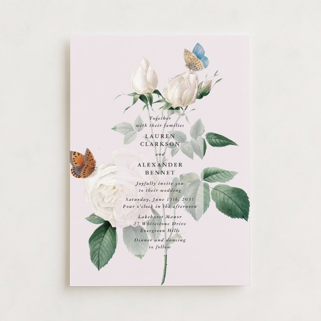Botanical white rose butterfly wedding invitation (Creator Uploaded)