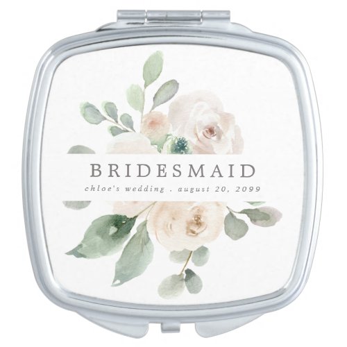 Botanical White Rose Floral Bridesmaid Wedding Compact Mirror