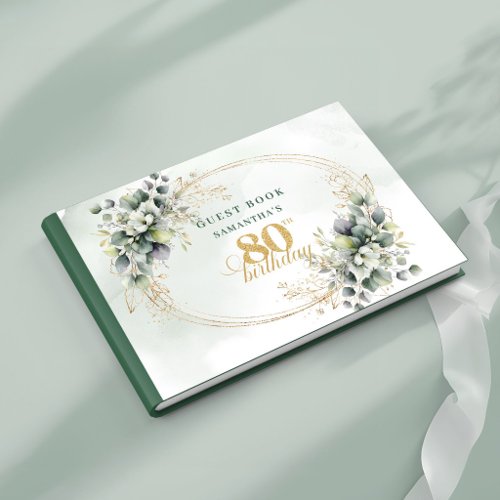 Botanical White Roses Gold 80th Birthday Guest  Book